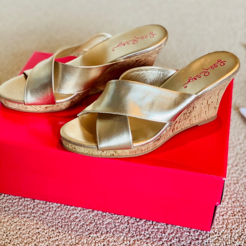 Lilly Pulitzer Gold Metallic Selena Slide Wedges